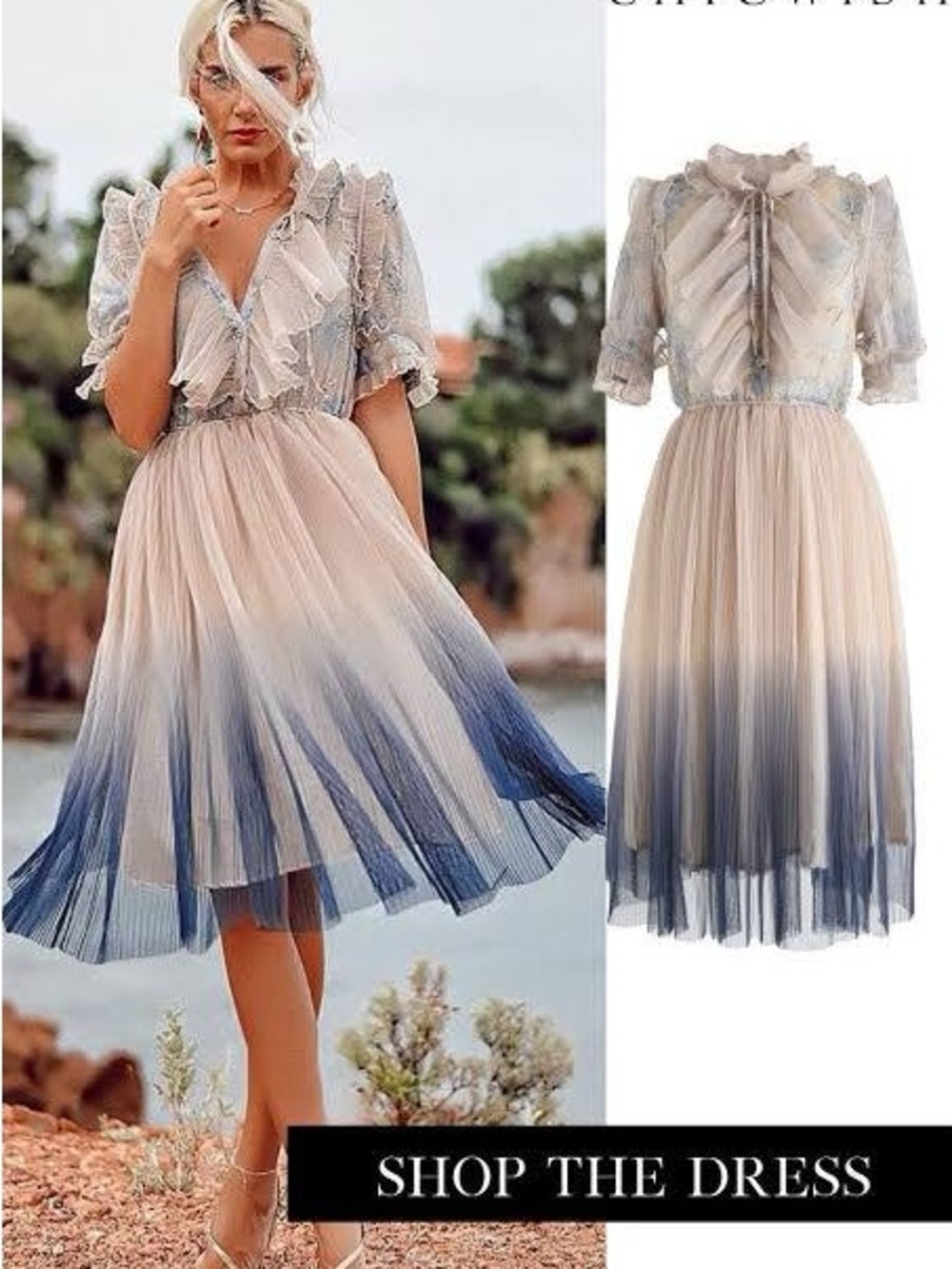 Chicwish Beige to Navy Ombre Midi Dress with Ruffle Bodice